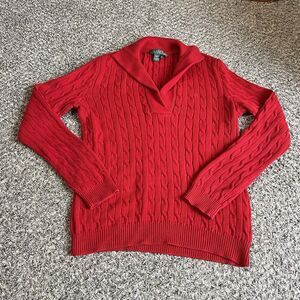 Ralph Lauren Sweater Red Cable Knit Shawl Collar Neck Logo Preppy Red Size M